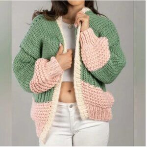 Anthropologie Handmade Knit Pink Green Cardigan size OS